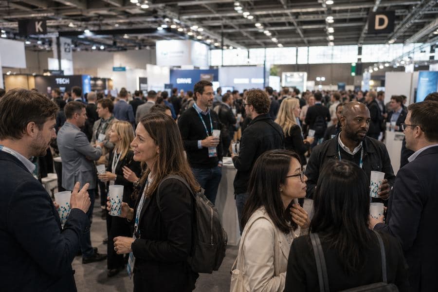 Conference guests holding reusable cups at a large business event