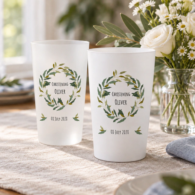 Personalised ECO 30 cups for new arrivals & christening in an event setting