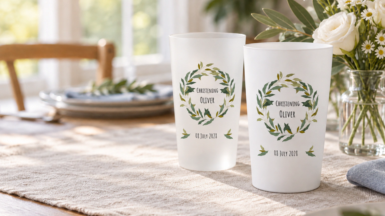 Personalised ECO 30 cups for new arrivals & christening in an event setting