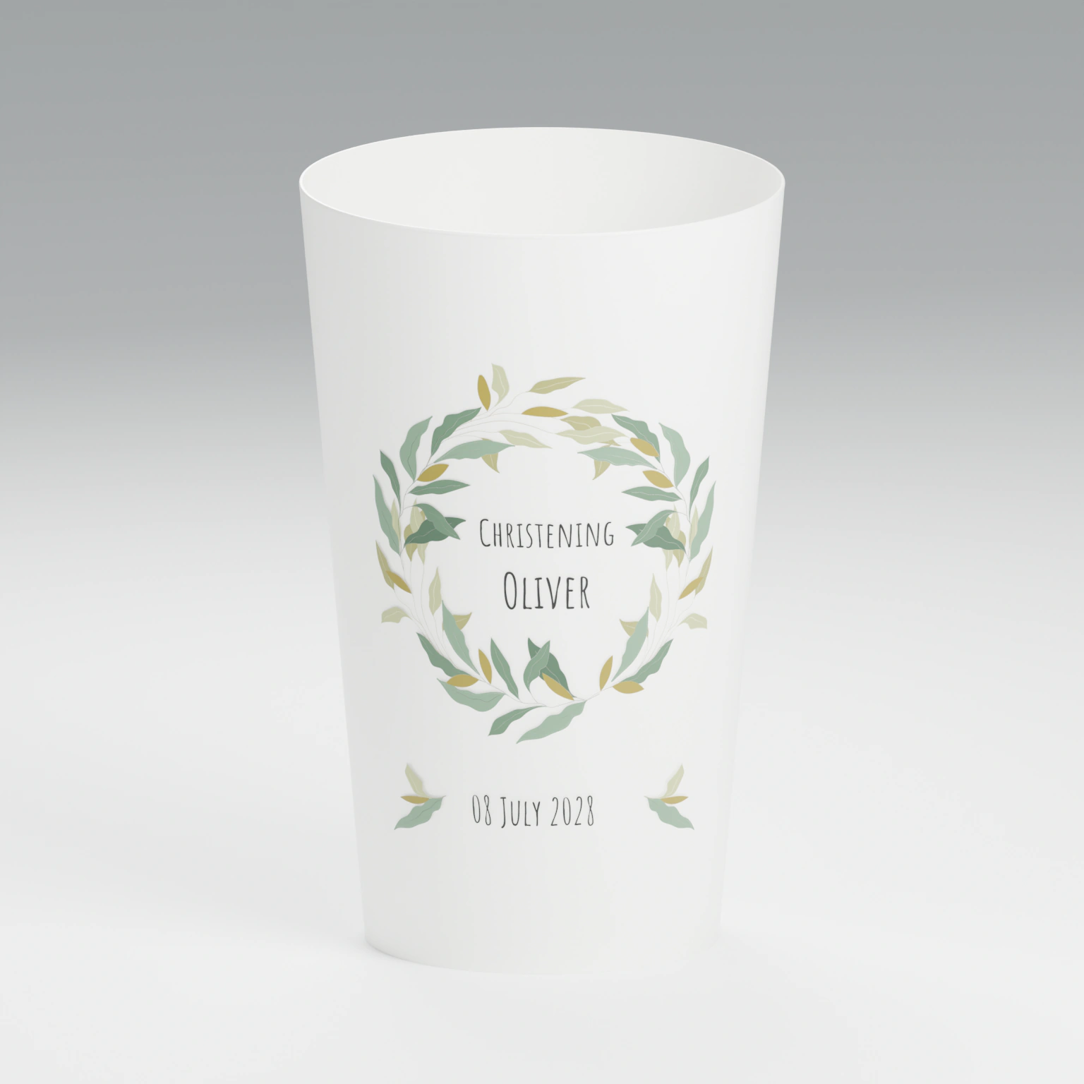 White ECO 30 cup personalised with the botanical christening design