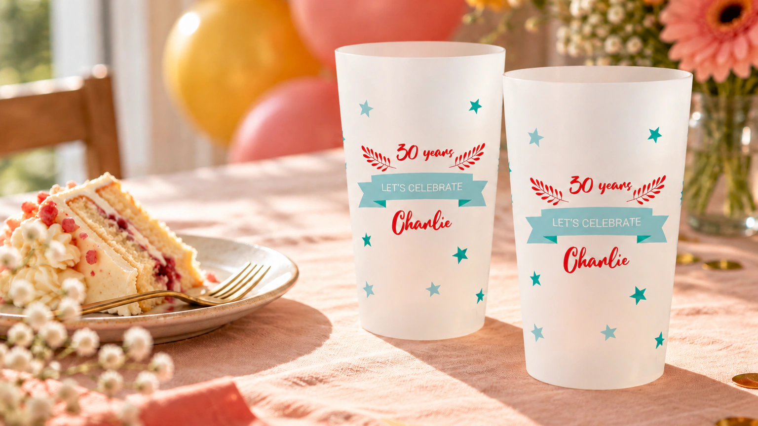 Personalised ECO 30 cups for birthday in an event setting