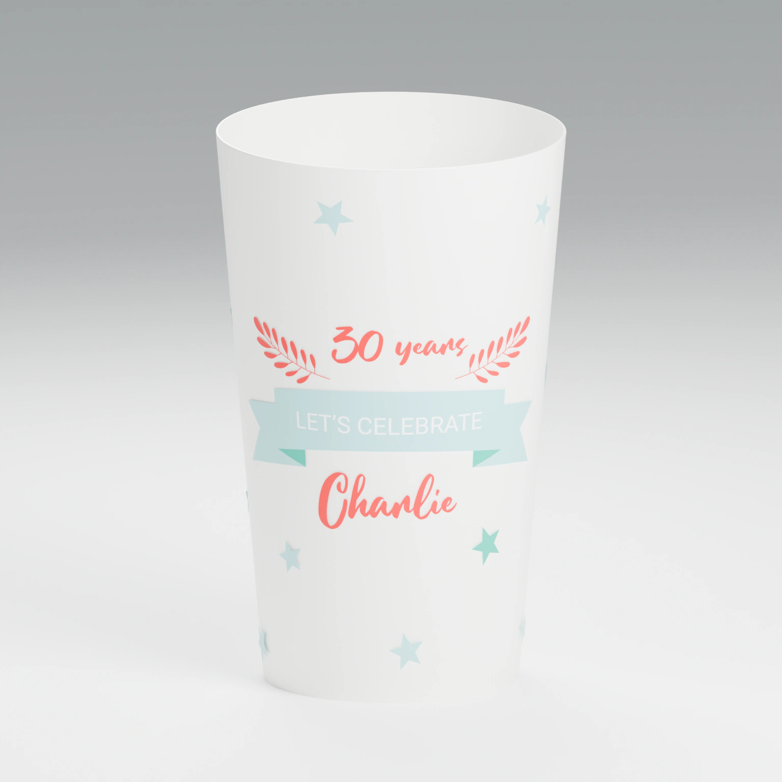 White ECO 30 cup personalised with the giant age birthday design