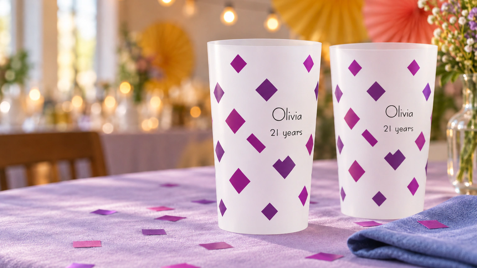 Personalised ECO 30 cups for celebrations & events in an event setting