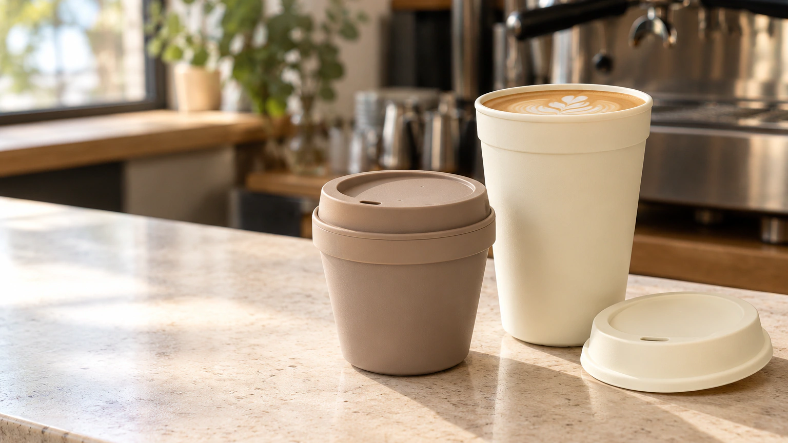 Reusable coffee cups with matching lids on a cafe counter