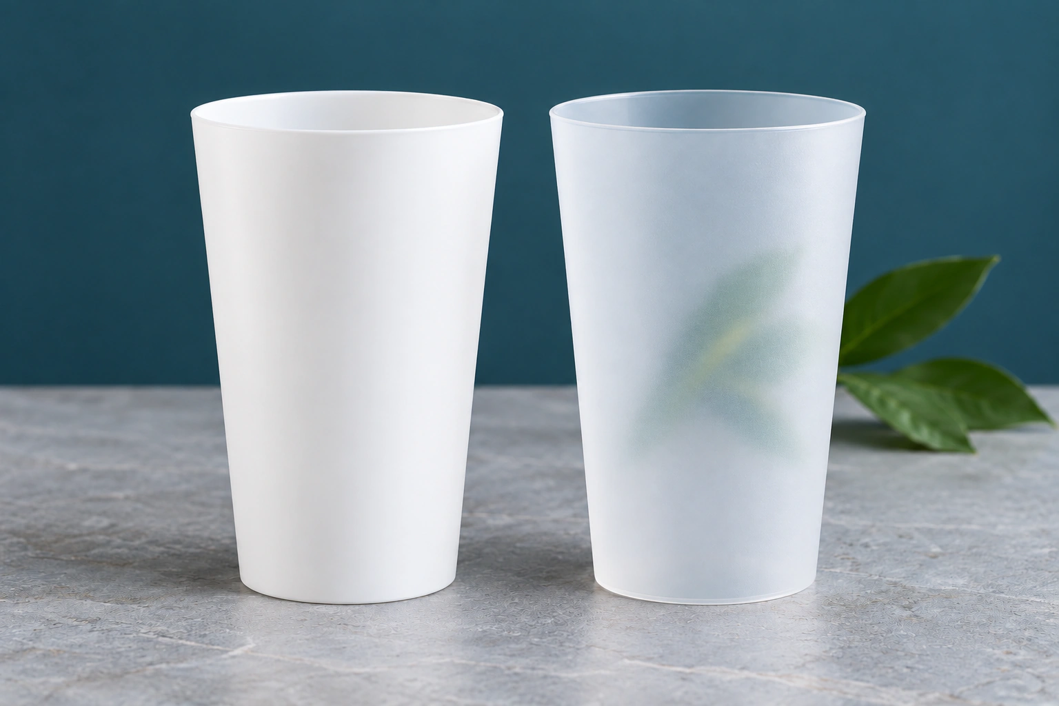 Opaque white and frosted translucent ECO 30 cups shown side by side
