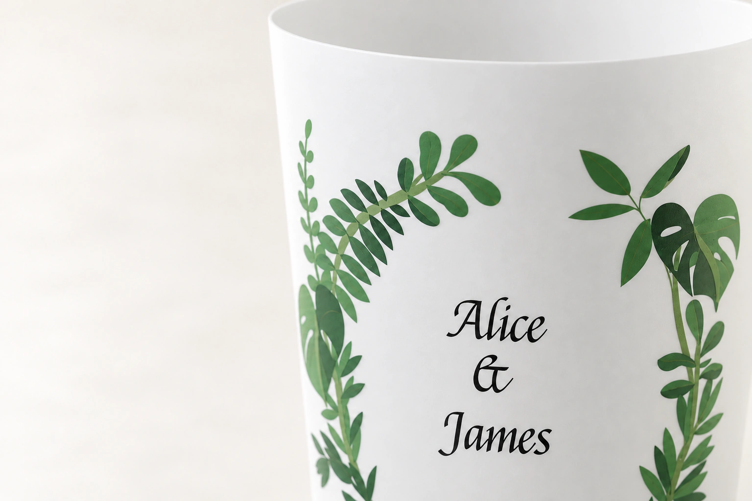 Close-up of botanical digital printing on a white ECO 30 cup