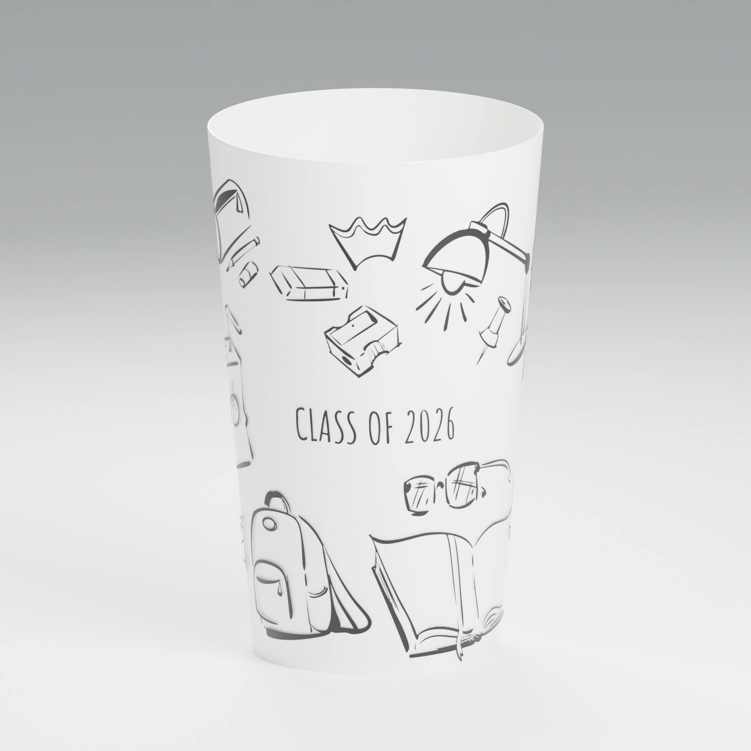White ECO 30 cup personalised with the school doodles design