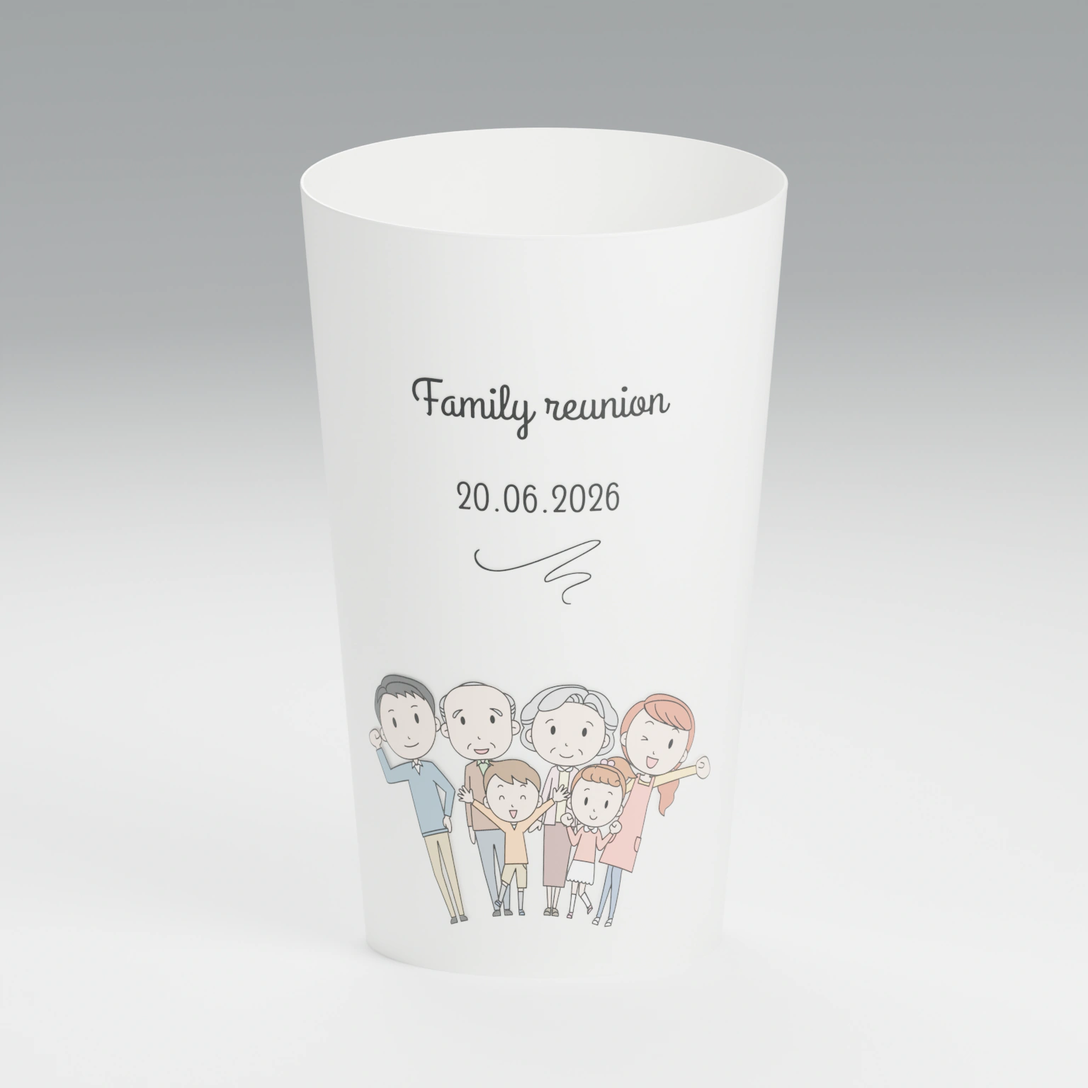 White ECO 30 cup personalised with the family reunion design