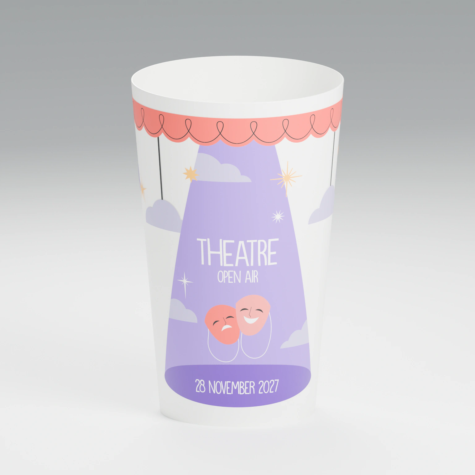 White ECO 30 cup personalised with the theatre design