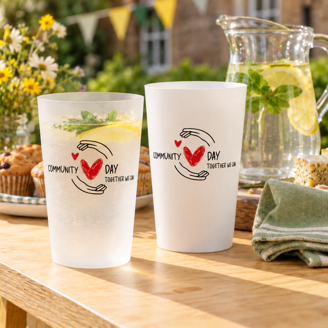 Personalised ECO 30 cups for health & solidarity in an event setting