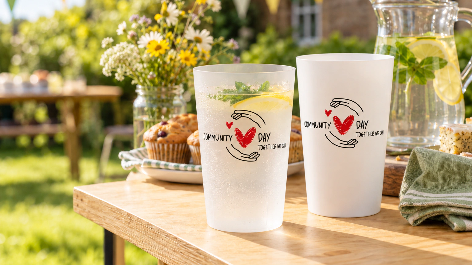 Personalised ECO 30 cups for health & solidarity in an event setting