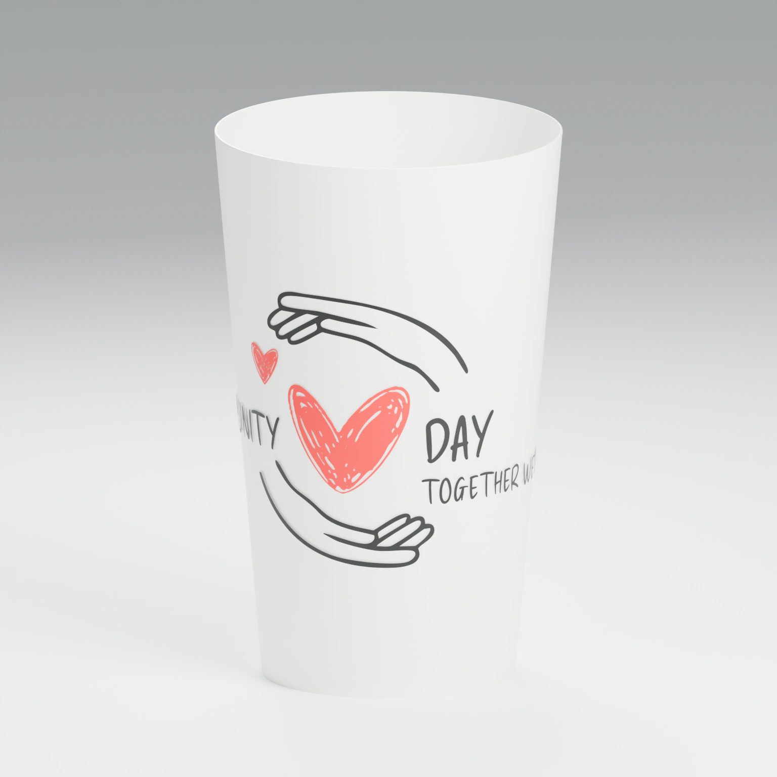White ECO 30 cup personalised with the community day design