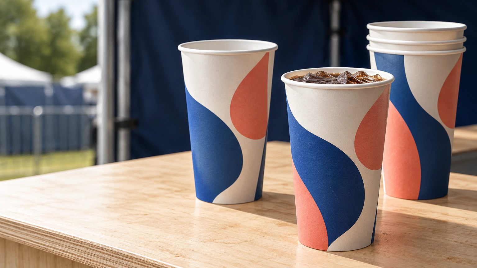 Printed paper pint cups on an event serving counter