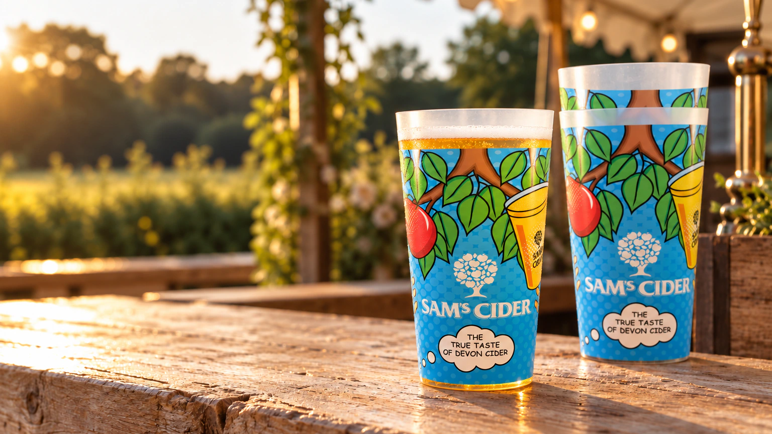 Full-colour reusable pint cups on an outdoor drinks counter