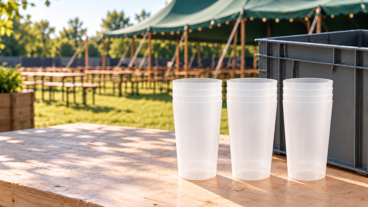 Nested frosted reusable cups beside an event transport crate