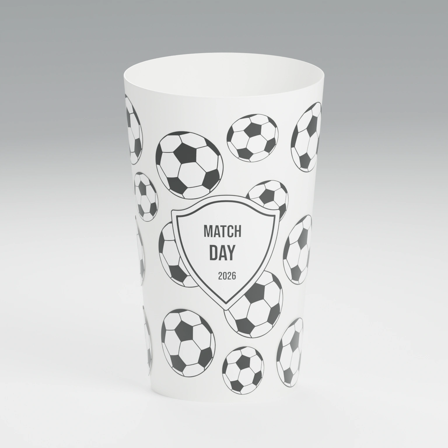 White ECO 30 cup personalised with the football pattern design