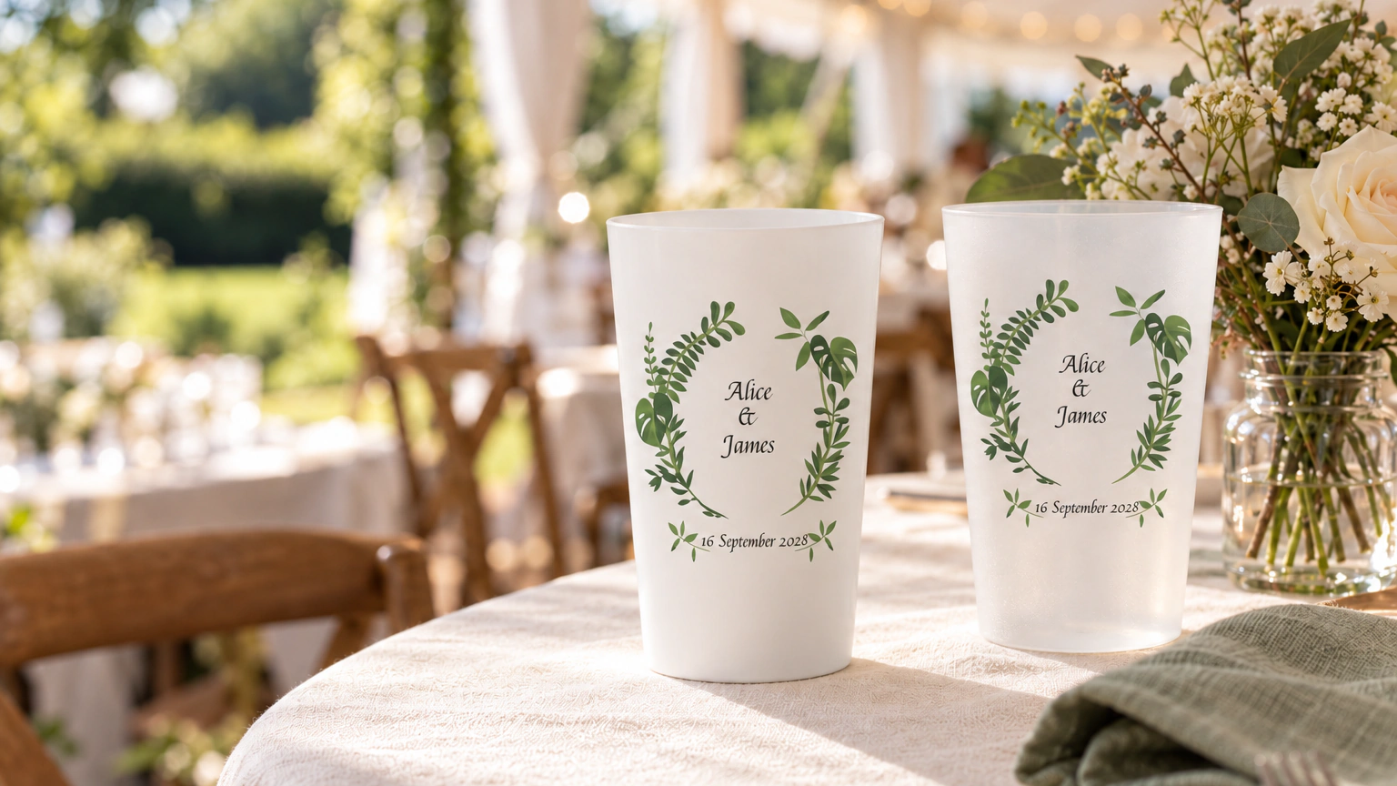 Personalised ECO 30 cups for wedding in an event setting