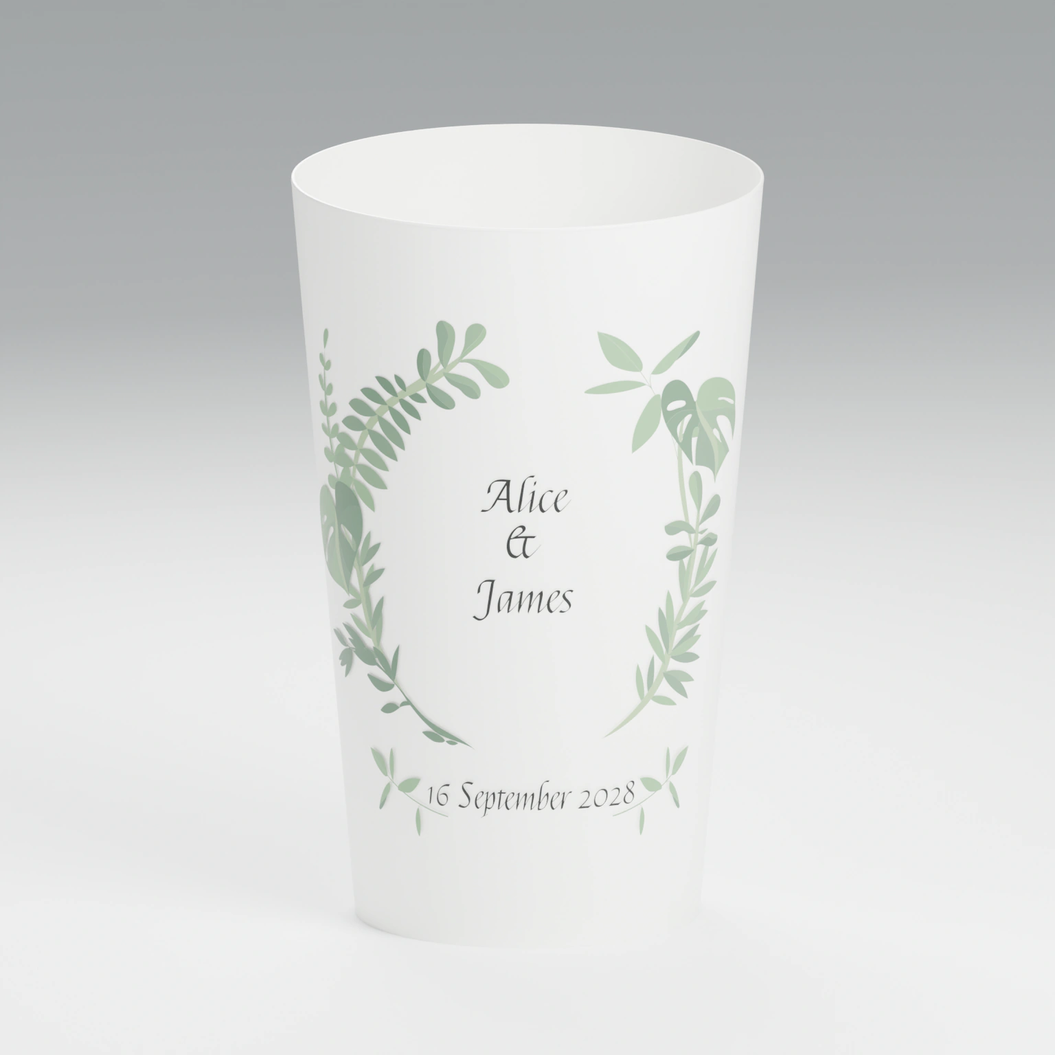 White ECO 30 cup personalised with the botanical wedding wreath design