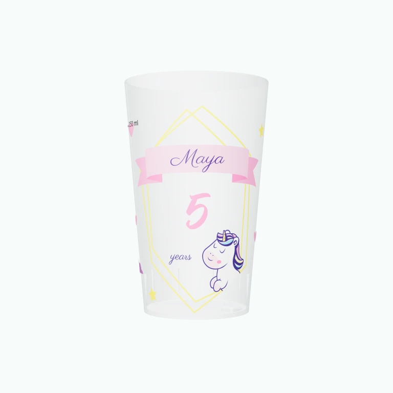 Galloping unicorn birthday design on a cup