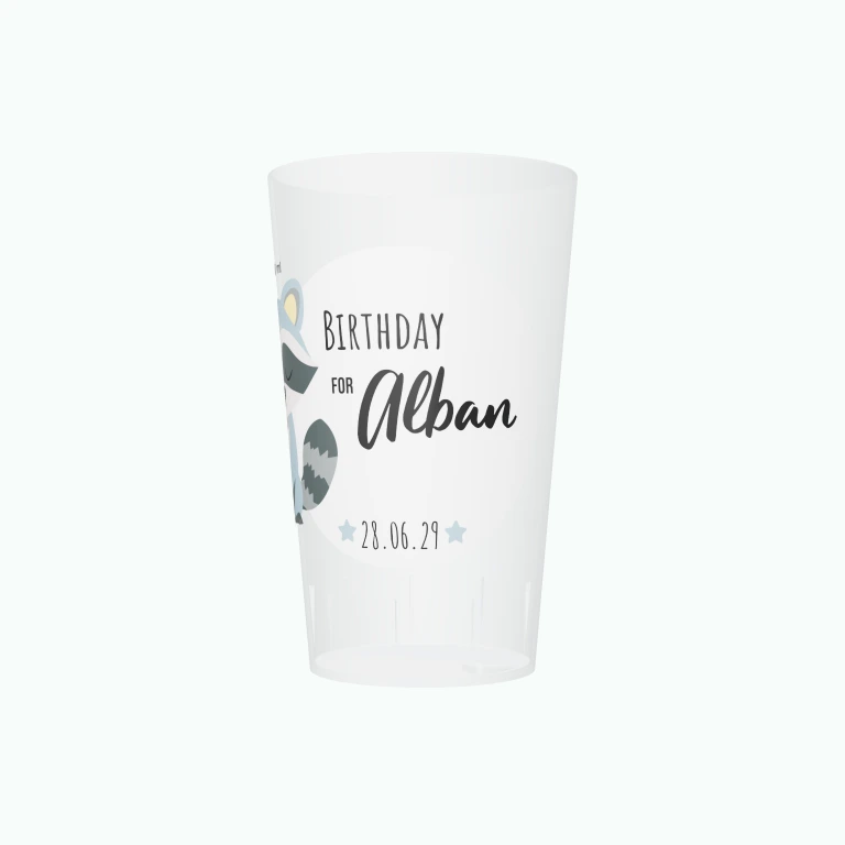 Blue raccoon birthday design on a cup