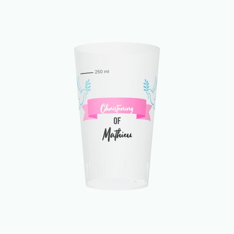 Doves and cross christening design on a cup