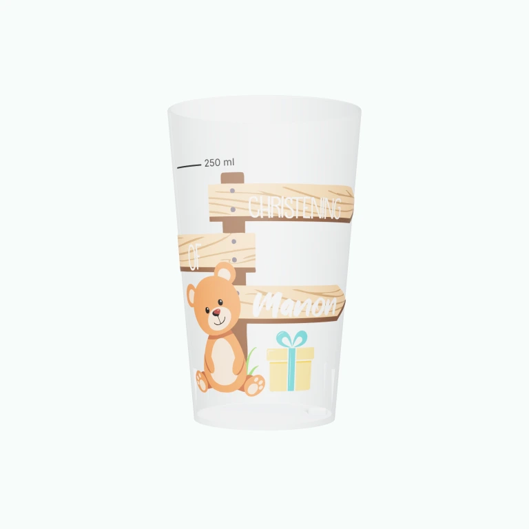Teddy bear christening design on a cup