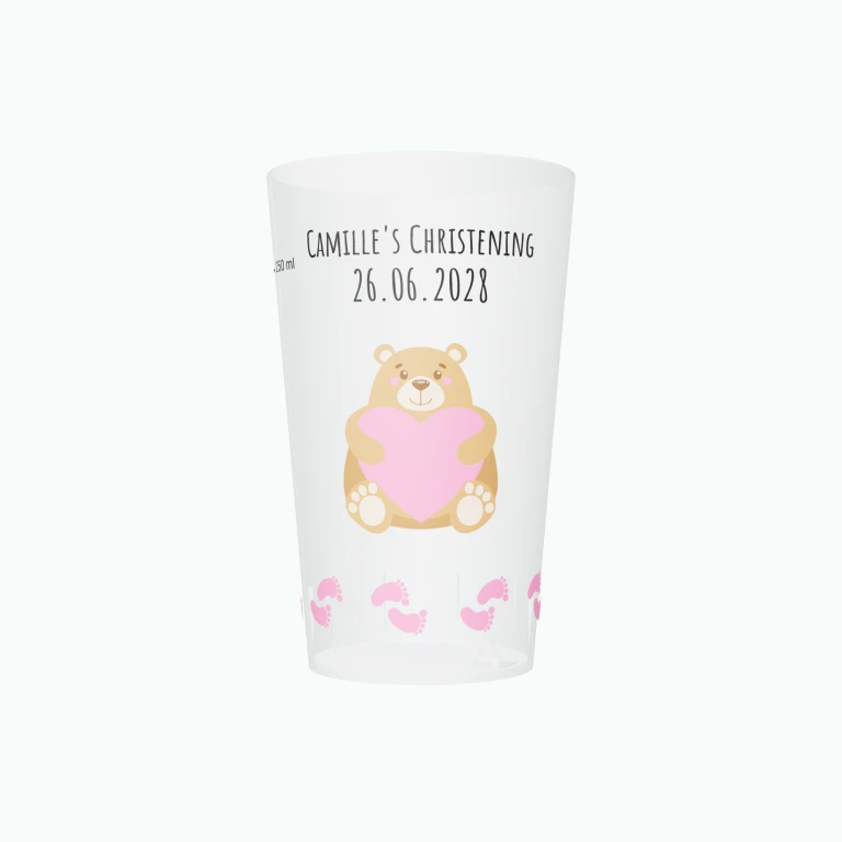 Pink teddy bear christening design on a cup