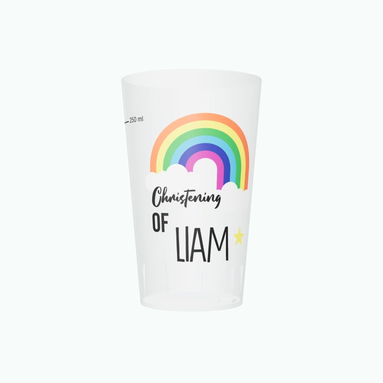 Rainbow christening design on a cup