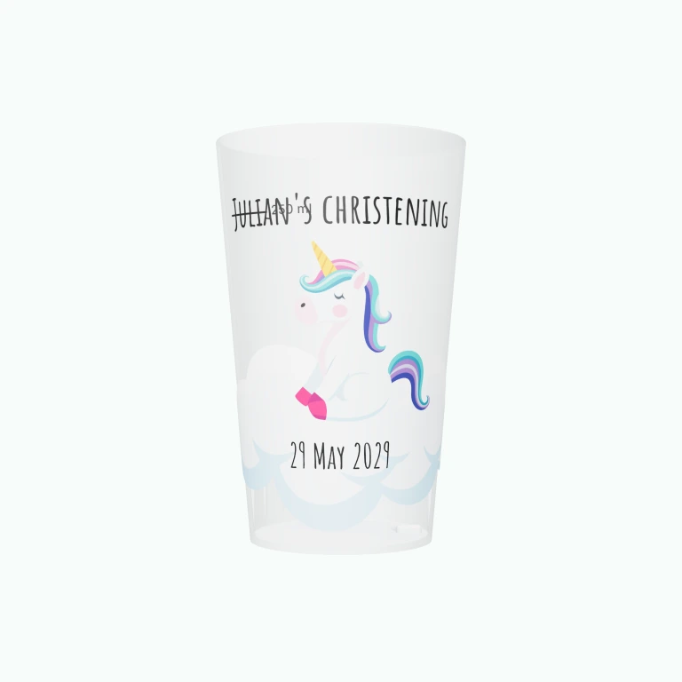 Unicorn christening design on a cup