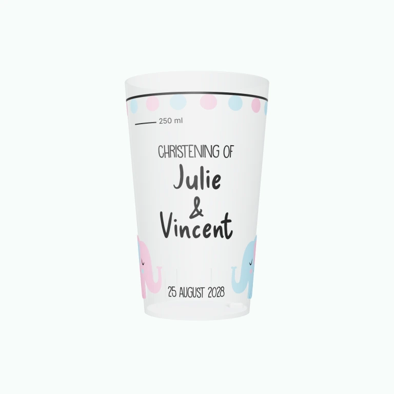 Elephant pair christening design on a cup