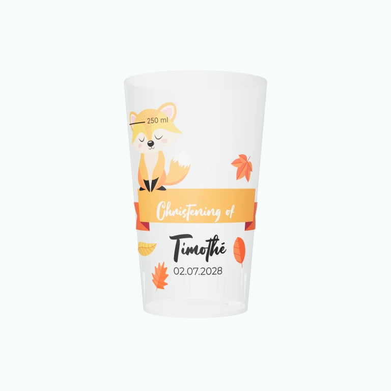 Little fox christening design on a cup