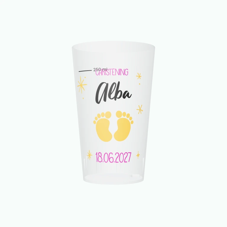 Footprints christening design on a cup