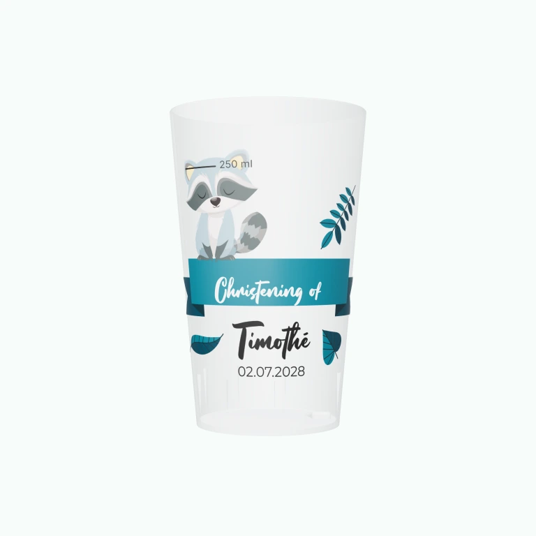 Raccoon christening design on a cup