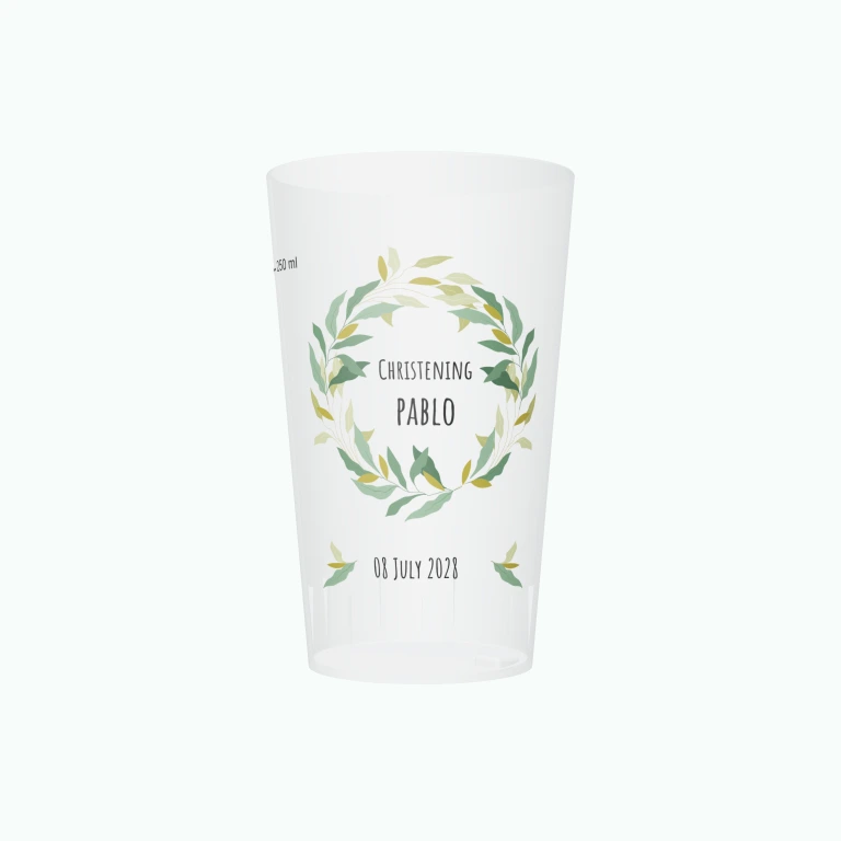 Botanical christening design on a cup