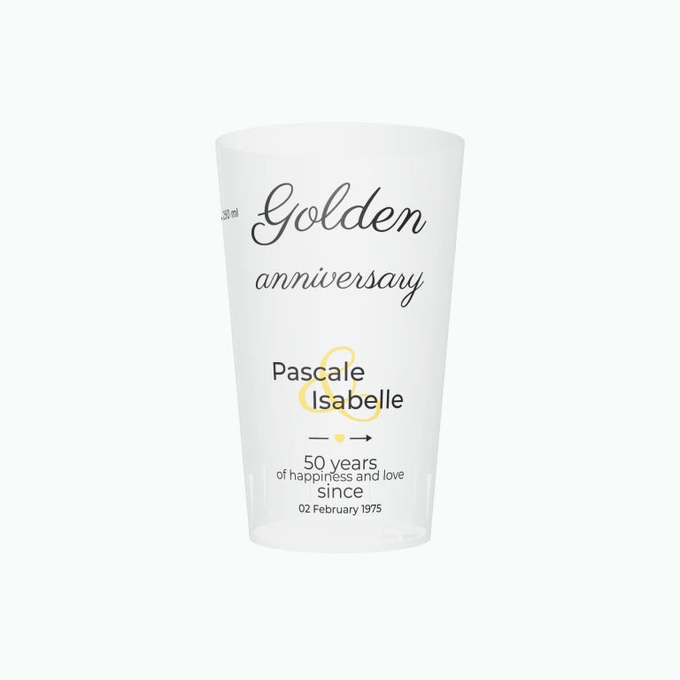 Golden wedding anniversary design on a cup