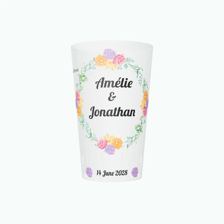Blooming wedding wreath design on a cup