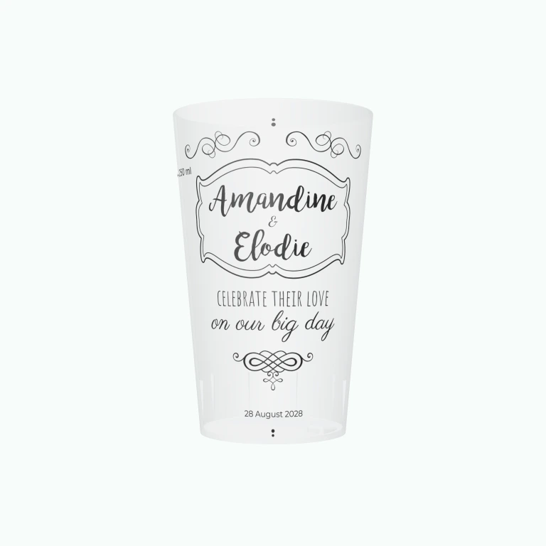 Vintage wedding label design on a cup